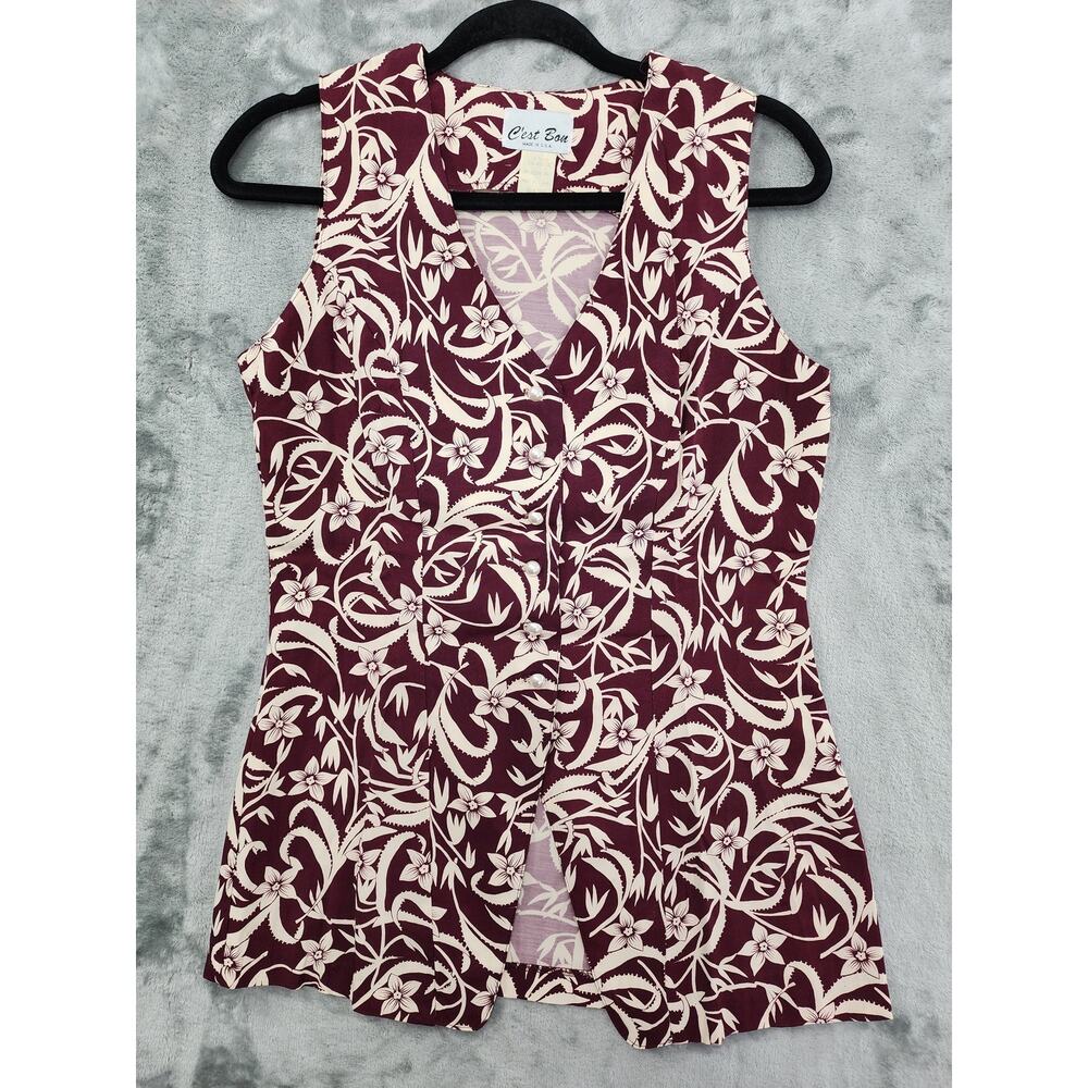 Vintage C'est Bon Top Womens S Red White Floral Sleeveless Longline Pearl Button